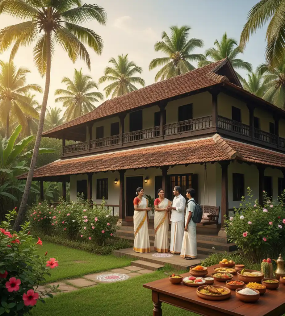 Tourists enjoying a safe and cozy Kerala homestay with a local family in Ernakulam