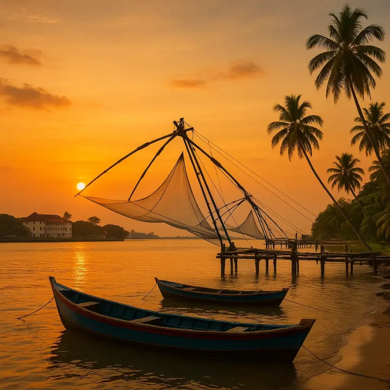 Coastal sunset at Fort Kochi with Chinese fishing nets — a must-visit spot in Ernakulam for families visiting Kerala for 2 days.