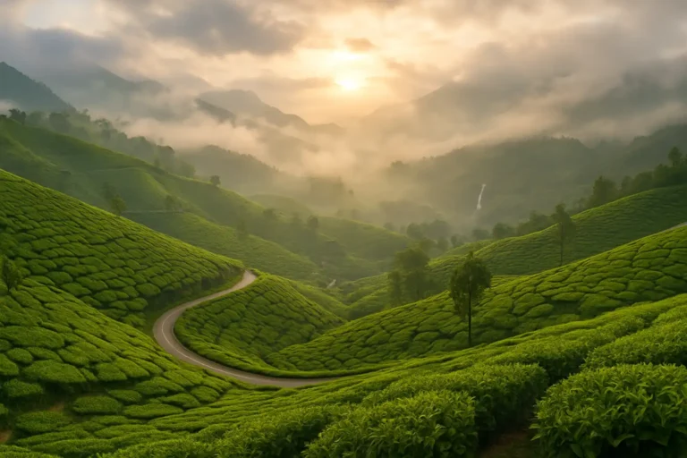 Misty hills and tea plantations in Munnar, Idukki — a scenic highlight for families visiting Kerala for 2 days.