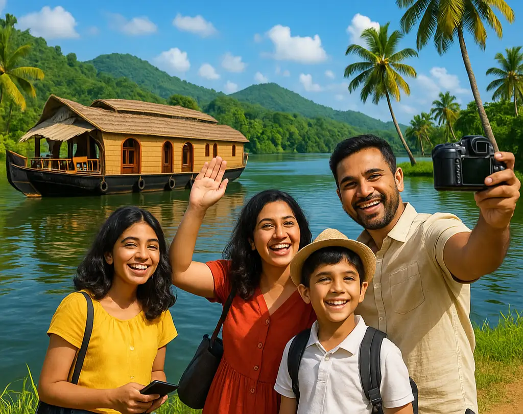 A happy family enjoying a houseboat ride in the Kerala backwaters surrounded by palm trees and lush greenery — representing the best places to visit in Kerala with family for 2 days.