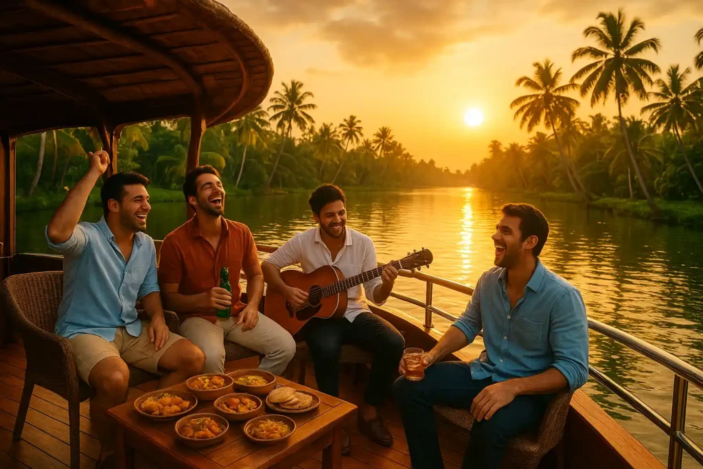 Friends celebrating a bachelor party in Kerala with scenic backwaters and tropical vibes