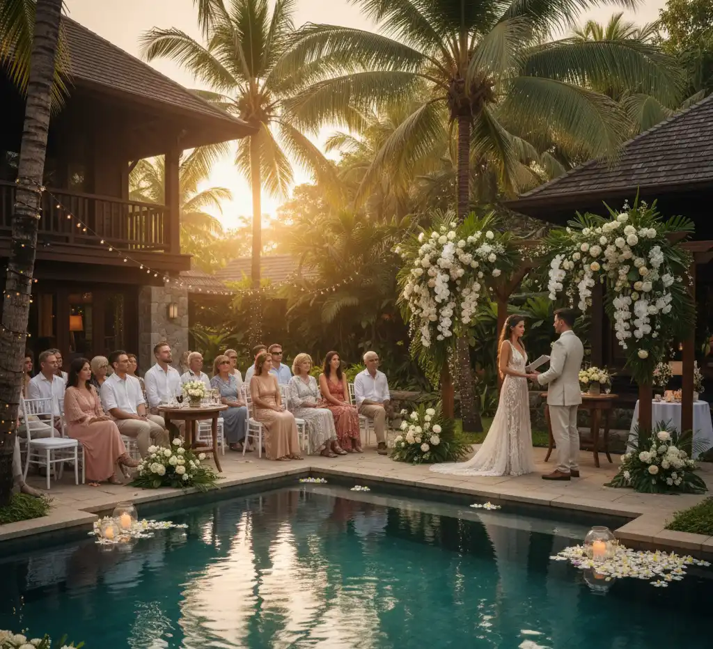 Couple having an intimate wedding ceremony at a private pool villa