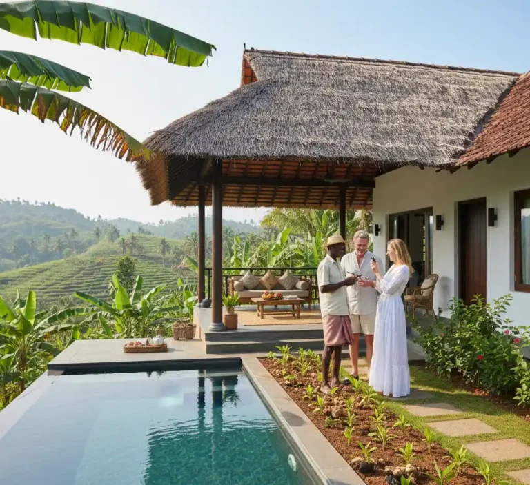 couple enjoying a luxurious stay at a Kerala farmhouse, featuring traditional architecture, a private pool, and lush green surroundings, highlighting Kerala Farm Tourism.