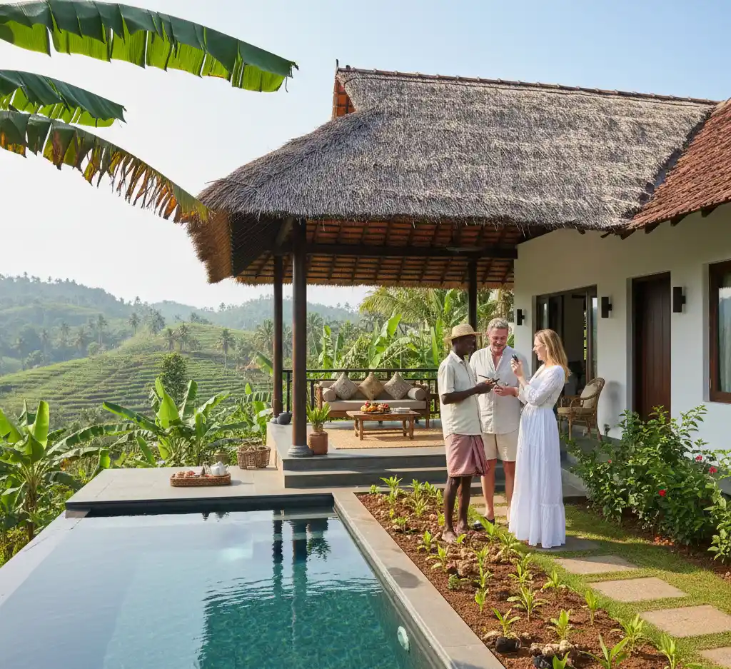 couple enjoying a luxurious stay at a Kerala farmhouse, featuring traditional architecture, a private pool, and lush green surroundings, highlighting Kerala Farm Tourism.