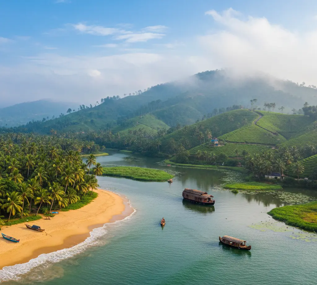 Best time to visit Kerala showcasing the seasonal beauty with misty hills, serene backwaters, and golden beaches