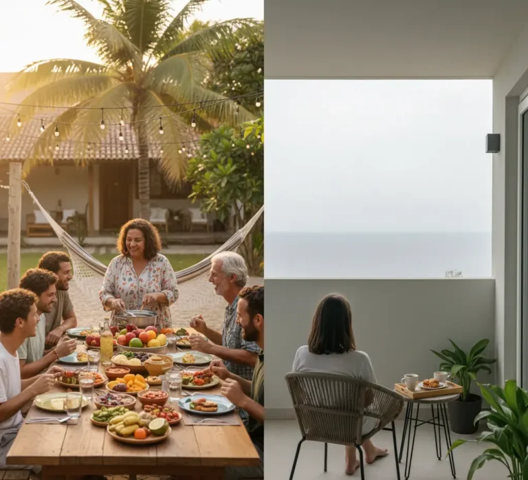 A side-by-side comparison image showing what is the difference between a guest house and homestay—one side shows a cozy, personal homestay living room with a host family, and the other shows a clean, simple guest house