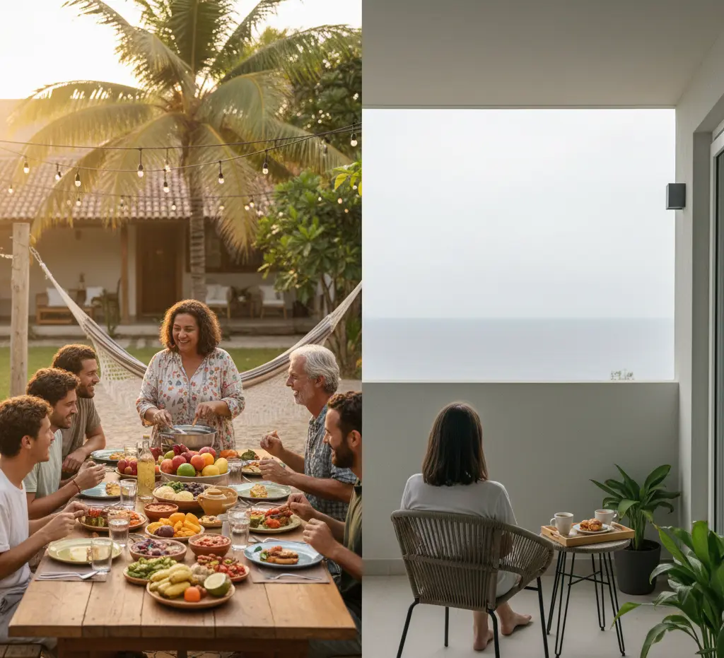 A side-by-side comparison image showing what is the difference between a guest house and homestay—one side shows a cozy, personal homestay living room with a host family, and the other shows a clean, simple guest house