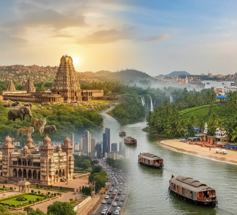 kerala vs karnataka tourism-Scenic landscapes of Karnataka and Kerala showcasing wildlife, hill stations, backwaters, and cultural landmarks, perfect for tourism.