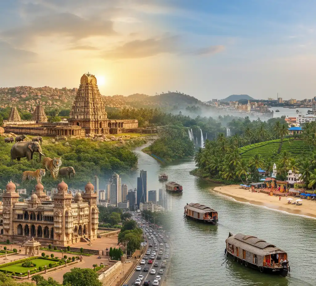 kerala vs karnataka tourism-Scenic landscapes of Karnataka and Kerala showcasing wildlife, hill stations, backwaters, and cultural landmarks, perfect for tourism.