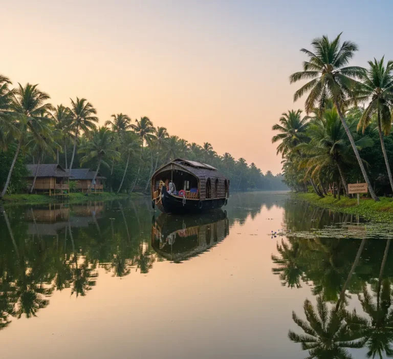 Kerala Tourism Guidelines: Houseboat in Kerala backwaters promoting eco-friendly travel and nature conservation.