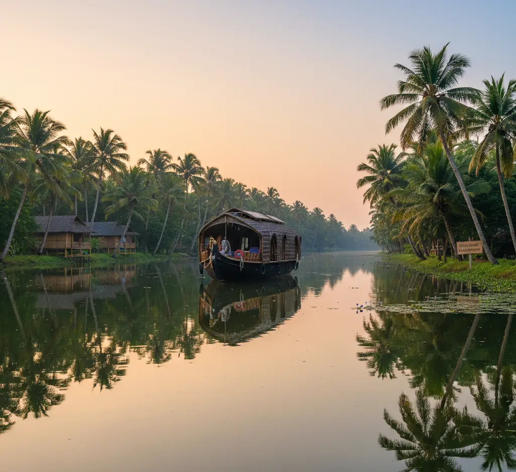 Kerala Tourism Guidelines: Houseboat in Kerala backwaters promoting eco-friendly travel and nature conservation.