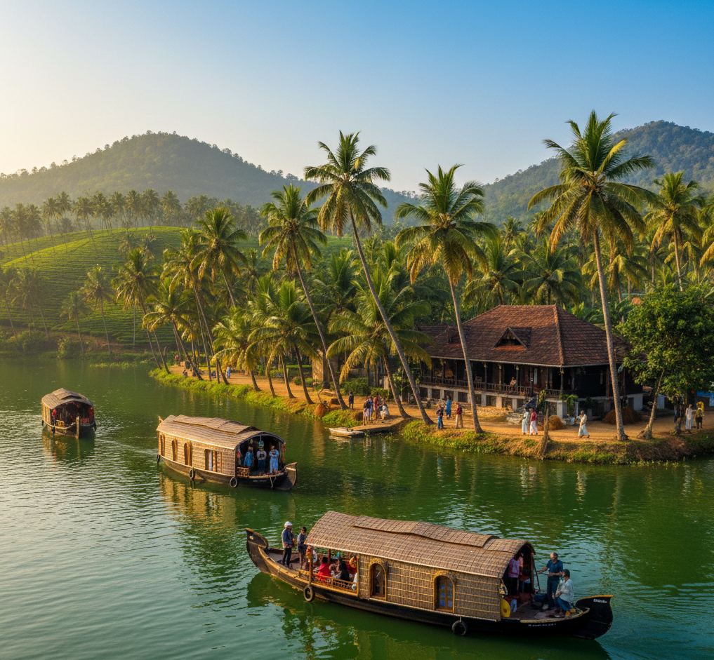 Illustration representing the 5 main objectives of promoting domestic tourism in Kerala with backwaters, culture, nature, and sustainable homestays.